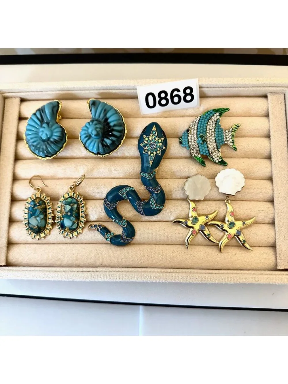 Costume Jewelry Lot Snake Pendant Brooch Pin Pierced Earrings Fish Shells Beach